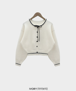 카누 폭닥 리본 배색 아방핏 세미크롭 라운드 니트 가디건