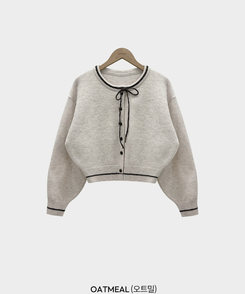 카누 폭닥 리본 배색 아방핏 세미크롭 라운드 니트 가디건