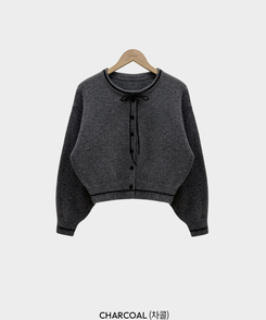 카누 폭닥 리본 배색 아방핏 세미크롭 라운드 니트 가디건