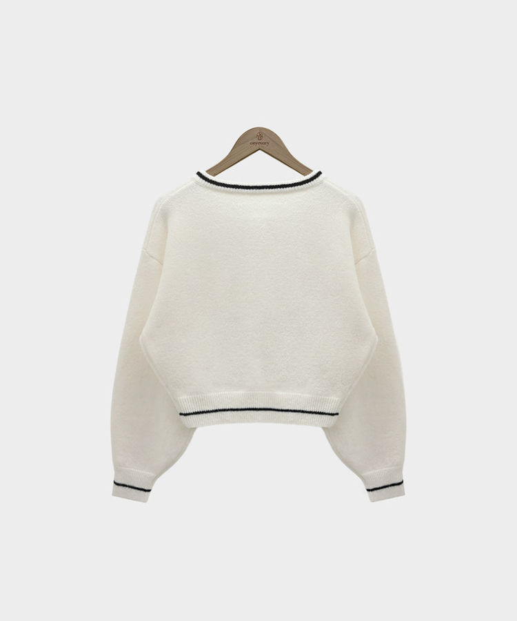 카누 폭닥 리본 배색 아방핏 세미크롭 라운드 니트 가디건