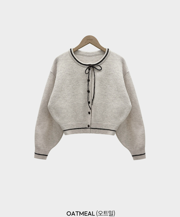 카누 폭닥 리본 배색 아방핏 세미크롭 라운드 니트 가디건