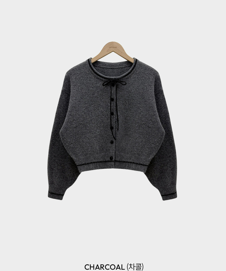 카누 폭닥 리본 배색 아방핏 세미크롭 라운드 니트 가디건