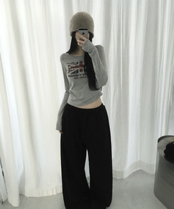 ラウンドスリム長袖Tシャツ GREY