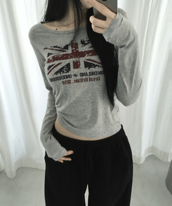 ラウンドスリム長袖Tシャツ GREY