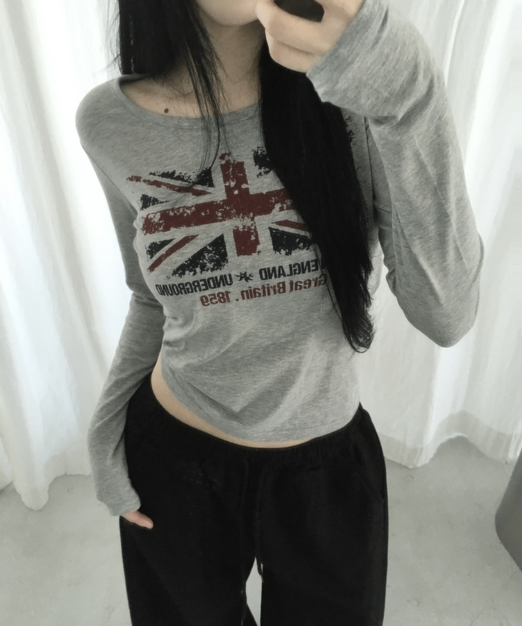 ラウンドスリム長袖Tシャツ GREY