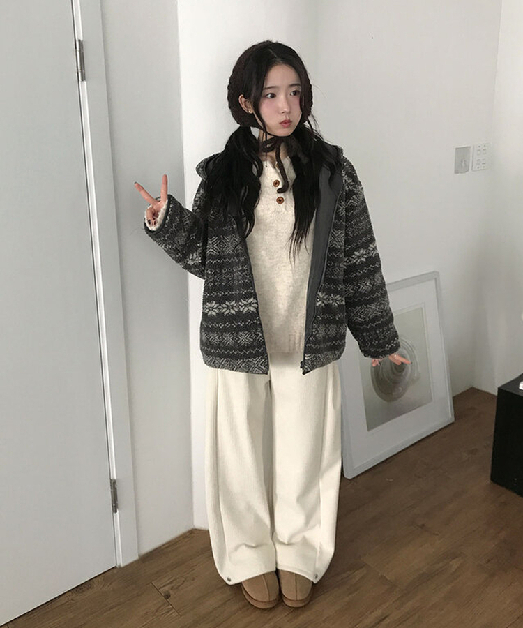 메이즈 눈꽃 노르딕 패턴 뽀글이 점퍼 자켓 루즈핏 겨울아우터