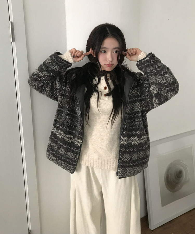 메이즈 눈꽃 노르딕 패턴 뽀글이 점퍼 자켓 루즈핏 겨울아우터