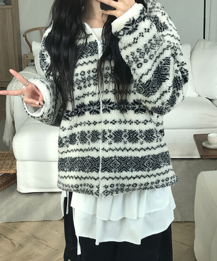 메이즈 눈꽃 노르딕 패턴 뽀글이 점퍼 자켓 루즈핏 겨울아우터