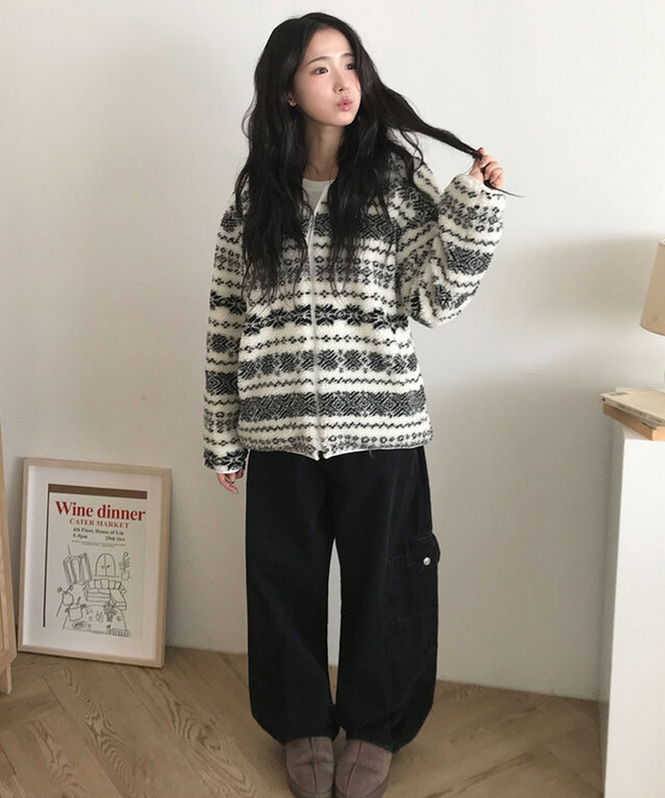 메이즈 눈꽃 노르딕 패턴 뽀글이 점퍼 자켓 루즈핏 겨울아우터