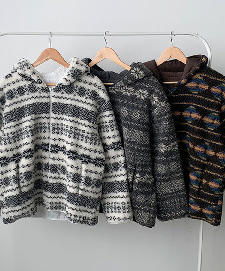 메이즈 눈꽃 노르딕 패턴 뽀글이 점퍼 자켓 루즈핏 겨울아우터