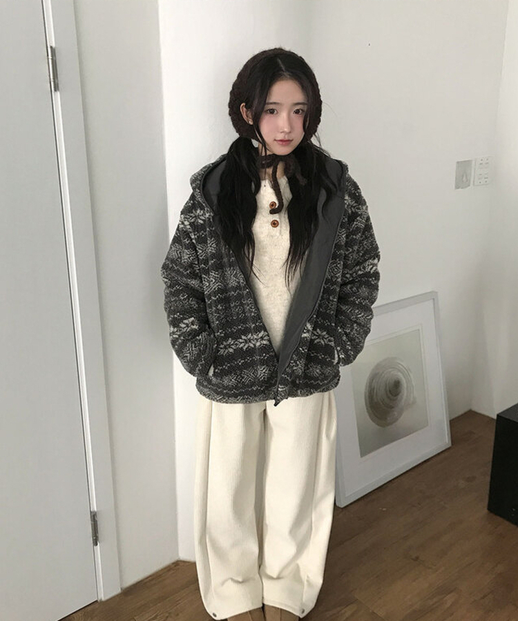 메이즈 눈꽃 노르딕 패턴 뽀글이 점퍼 자켓 루즈핏 겨울아우터