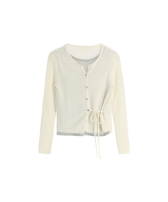 サイドストラップ配色レイヤード風カーディガン