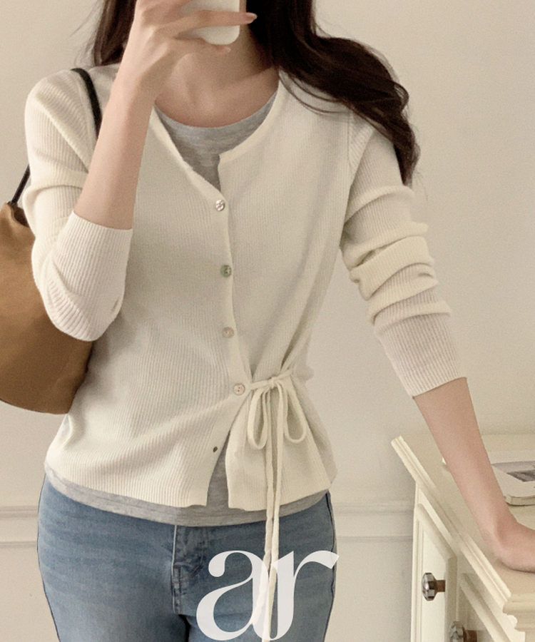 サイドストラップ配色レイヤード風カーディガン IVORY GRAY