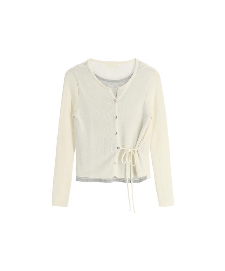 サイドストラップ配色レイヤード風カーディガン