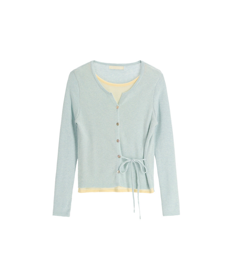 サイドストラップ配色レイヤード風カーディガン