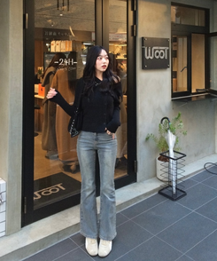 オフショルダーボタンリブニット BLACK