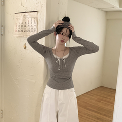 レースレイヤードシャーリング長袖Tシャツ(5color) GREY