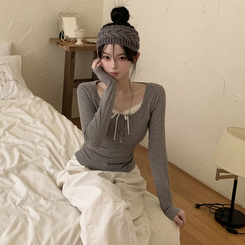 レースレイヤードシャーリング長袖Tシャツ(5color) GREY