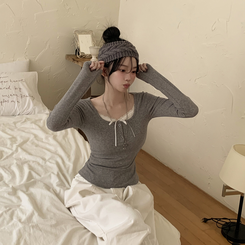 レースレイヤードシャーリング長袖Tシャツ(5color) GREY