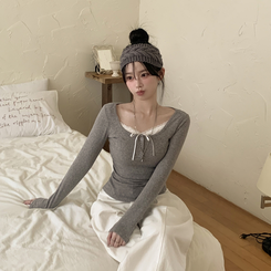 レースレイヤードシャーリング長袖Tシャツ(5color) GREY