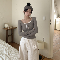 レースレイヤードシャーリング長袖Tシャツ(5color) GREY