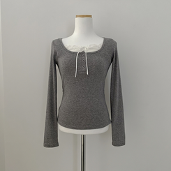 レースレイヤードシャーリング長袖Tシャツ(5color)