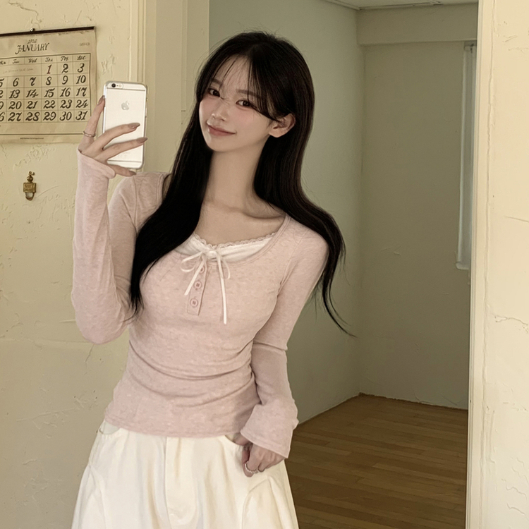 レースレイヤードシャーリング長袖Tシャツ(5color) PINK