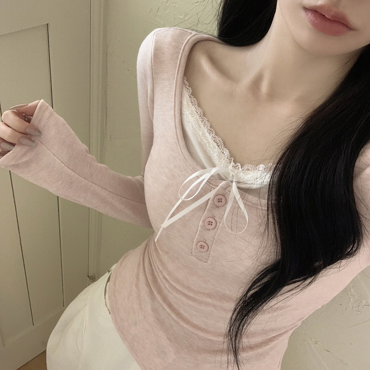 レースレイヤードシャーリング長袖Tシャツ(5color) PINK