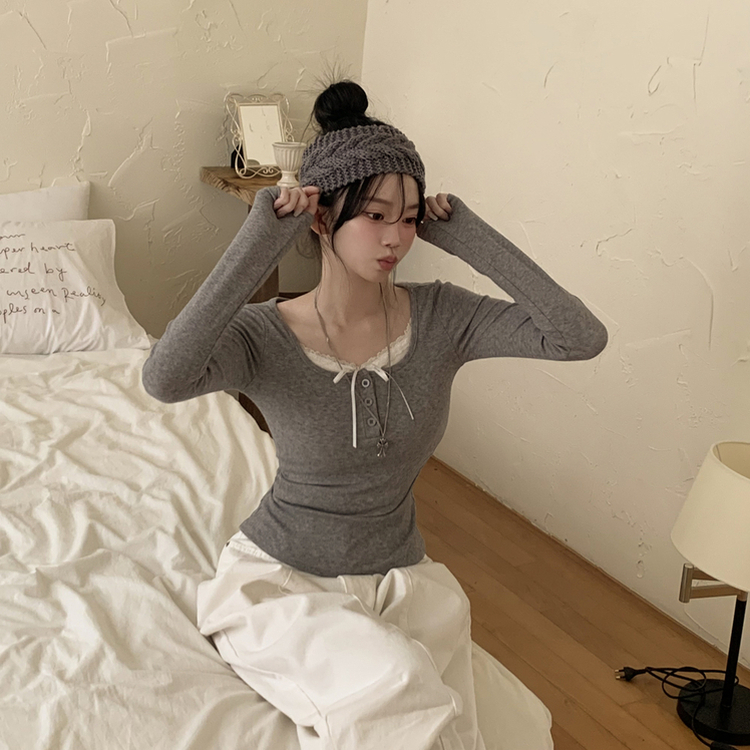 レースレイヤードシャーリング長袖Tシャツ(5color) GREY