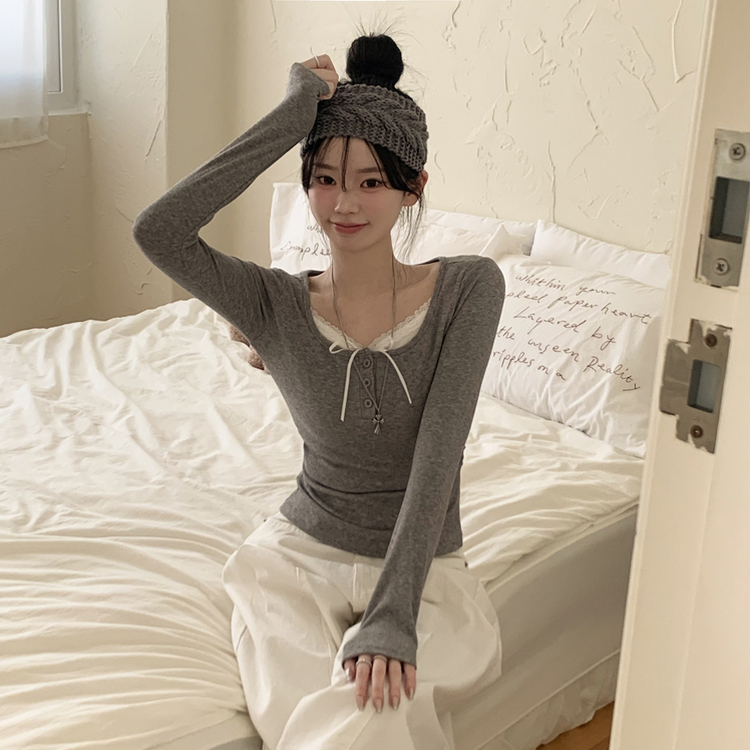 レースレイヤードシャーリング長袖Tシャツ(5color) GREY