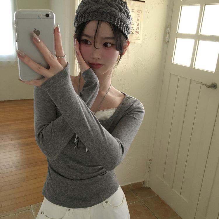 レースレイヤードシャーリング長袖Tシャツ(5color) GREY