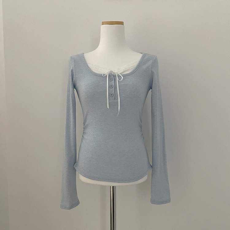 レースレイヤードシャーリング長袖Tシャツ(5color)