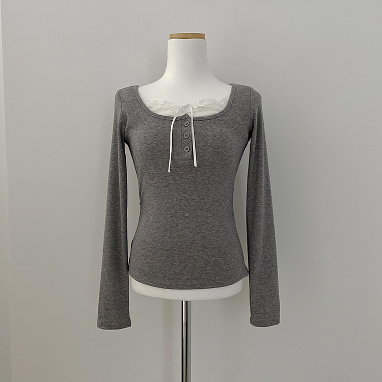 レースレイヤードシャーリング長袖Tシャツ(5color)