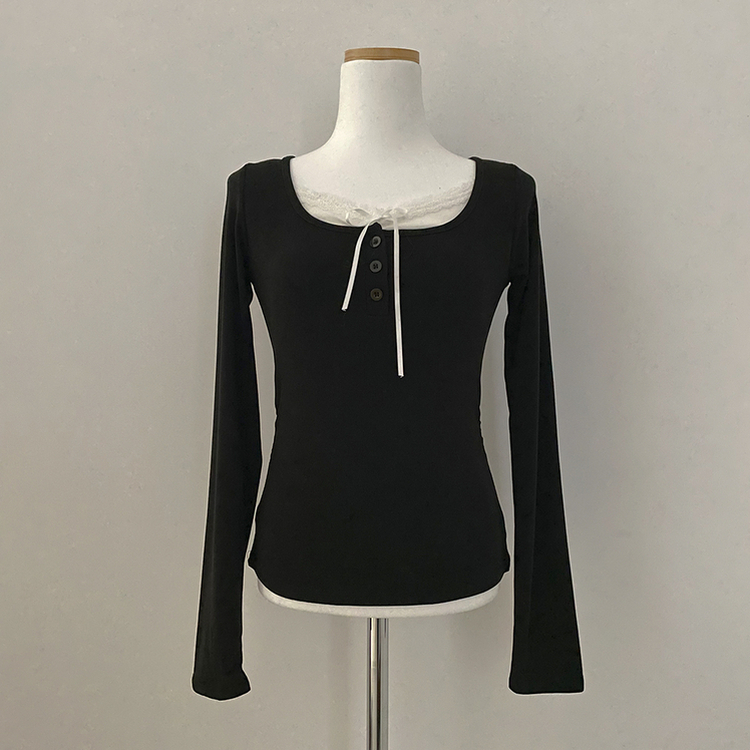 レースレイヤードシャーリング長袖Tシャツ(5color)