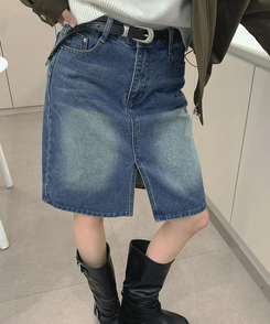 트렌드 데님 미디 기장 트임 A라인 스커트 중청