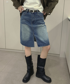 트렌드 데님 미디 기장 트임 A라인 스커트 중청