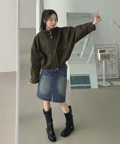 트렌드 데님 미디 기장 트임 A라인 스커트 중청