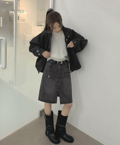 트렌드 데님 미디 기장 트임 A라인 스커트 흑청