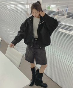 트렌드 데님 미디 기장 트임 A라인 스커트 흑청