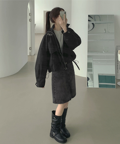 트렌드 데님 미디 기장 트임 A라인 스커트 흑청