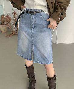 트렌드 데님 미디 기장 트임 A라인 스커트 연청