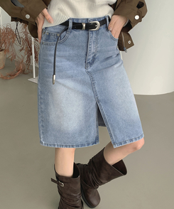 트렌드 데님 미디 기장 트임 A라인 스커트 연청