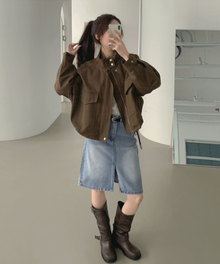 트렌드 데님 미디 기장 트임 A라인 스커트 연청