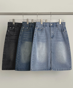트렌드 데님 미디 기장 트임 A라인 스커트