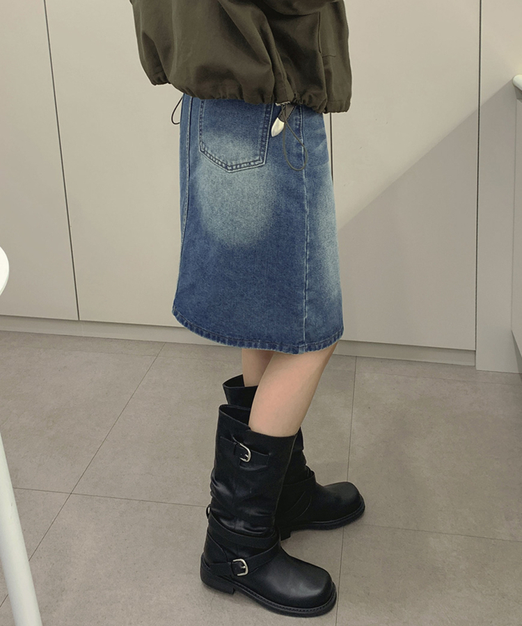 트렌드 데님 미디 기장 트임 A라인 스커트 중청