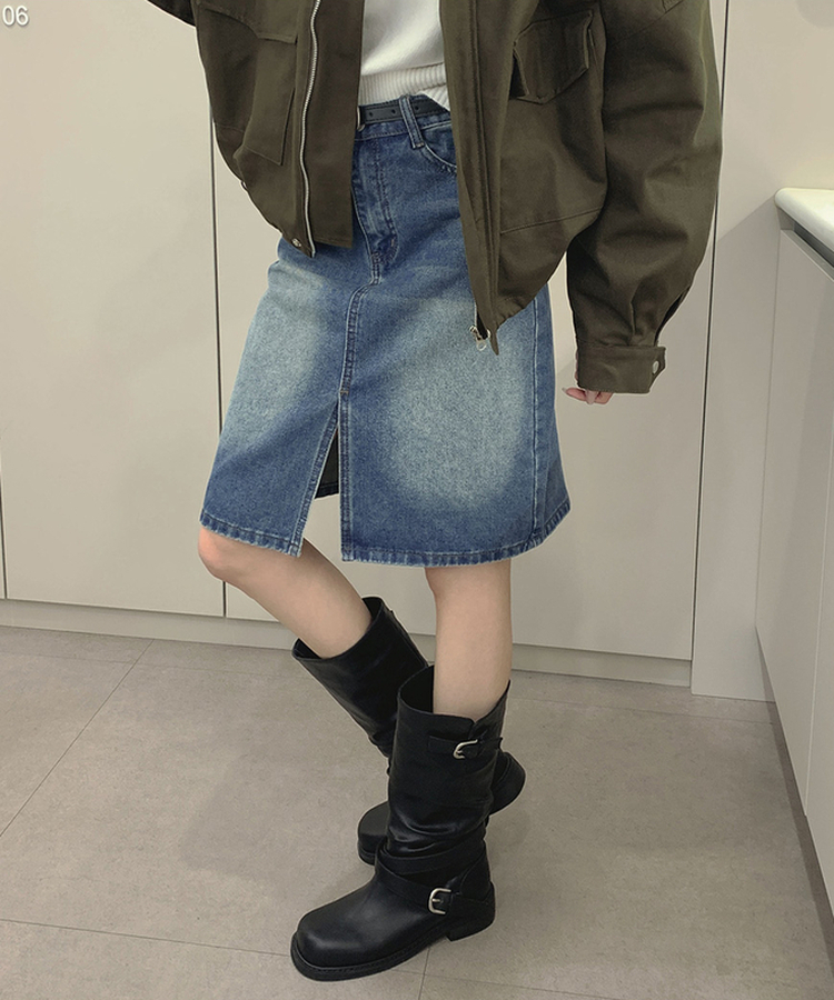 트렌드 데님 미디 기장 트임 A라인 스커트 중청