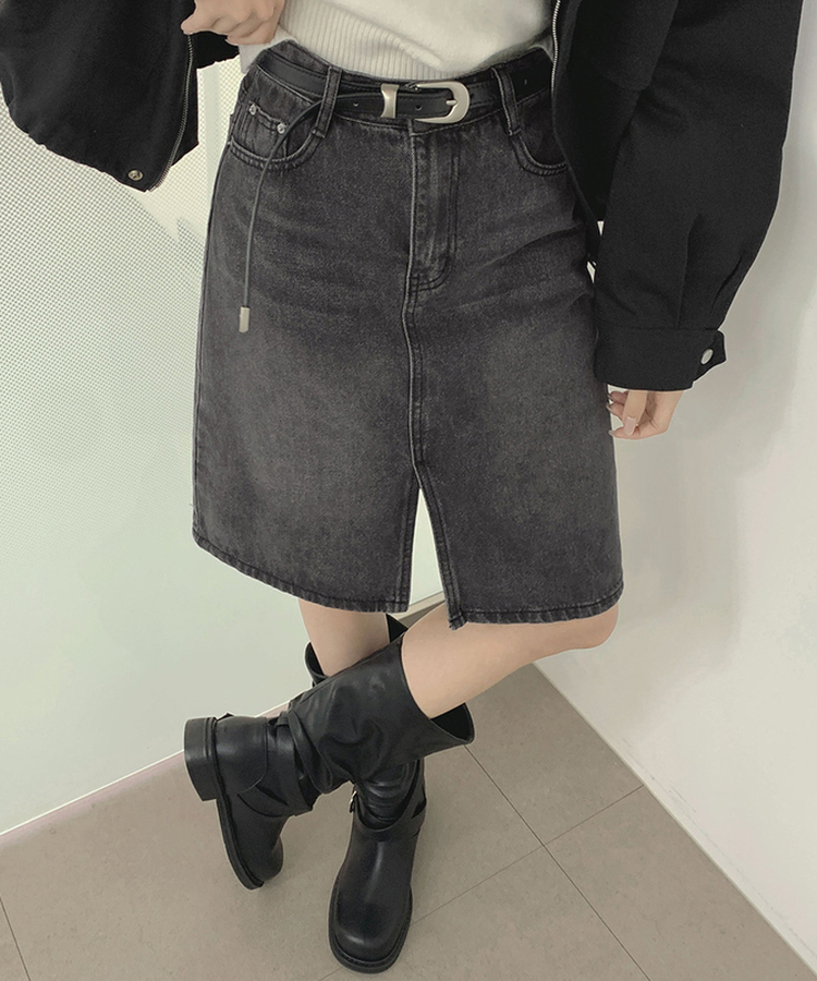 트렌드 데님 미디 기장 트임 A라인 스커트 흑청