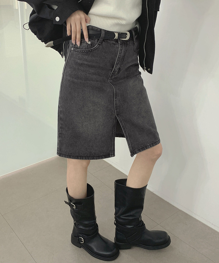 트렌드 데님 미디 기장 트임 A라인 스커트 흑청