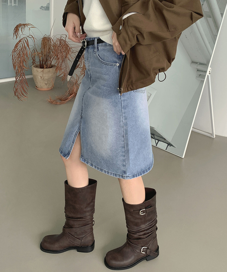 트렌드 데님 미디 기장 트임 A라인 스커트 연청