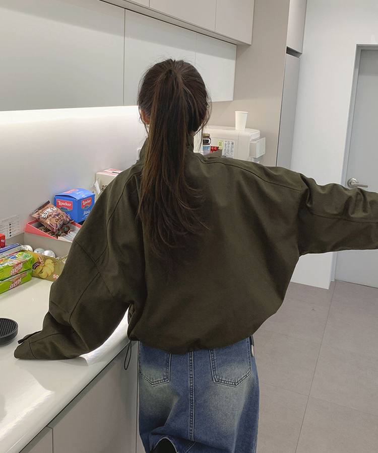 하이넥 단추 지퍼 야상 스트링 자켓 카키